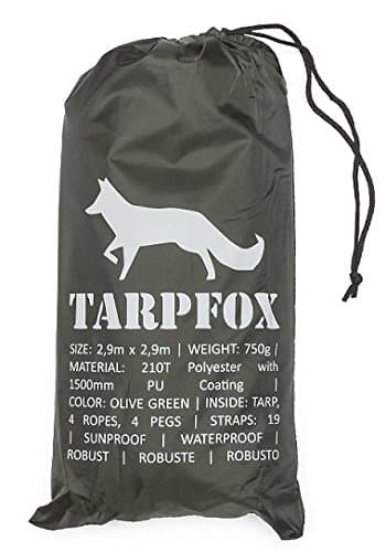 Tarpfox Original Tarp 9.5ft x 9.5ft / 2.9m x 2.9m, waterproof, cover, tarpaulin, rain protection, rain cover, tarpaulin tent, olive green