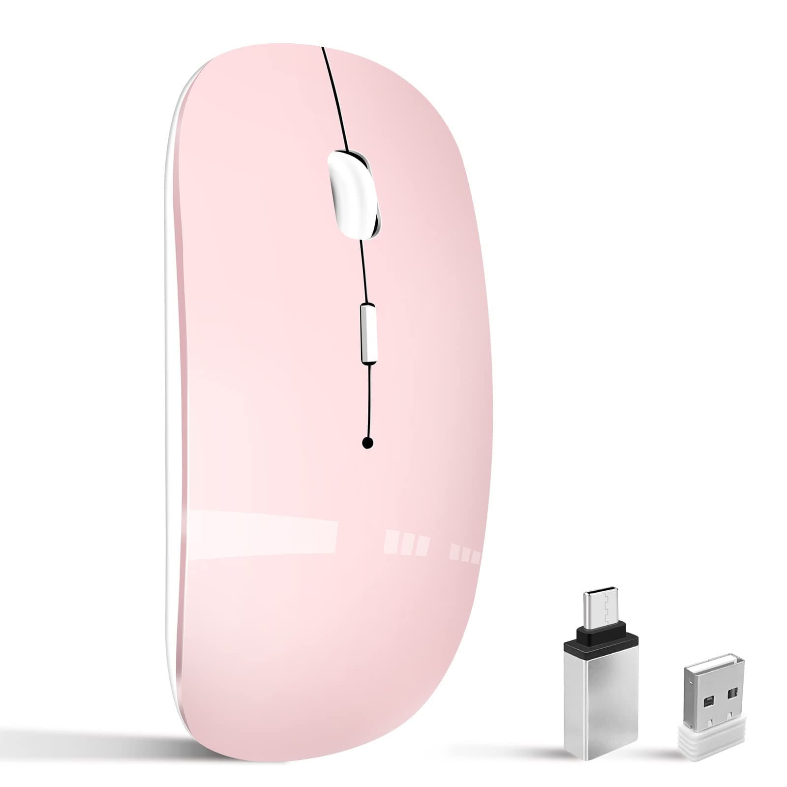 Wireless Mouse for Laptop, Bluetooth Mouse for MacBook Pro/Air/Mac/iPad/Chromebook/Computer -Rechargeale Dual Mode(USB 2.4Ghz + Bluetooth 5.2) Silent Cordless Mice with USB C Adapter,Pink