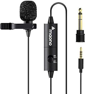 MAONO AU-100 Collar Auxiliary Mic for YouTube, Mobile Phone, Camera, Lavalier Clip on Omnidirectional Microphone, Plug and Play, with 6M Audio Cable, 3.5mm TRRS Plug and 6.35mm Adapter (Black)