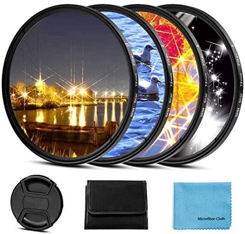 58mm Star Filter 4 Pieces Starburst Lens Filter(4 Points,6 Points,8 Points,12 Points) with Centre Pinch Lens Cap for Canon Nikon Sony Olympus Pentax and Other DSLR Cameras + 4 Slot Filter Pouch