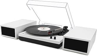 LP&No.1 Modern Turntable Set with Pair of Dual Power Speakers, Built-in Phono Preamp, Belt Drive, 3 Speed, Wireless Input, Wireless Music Streaming