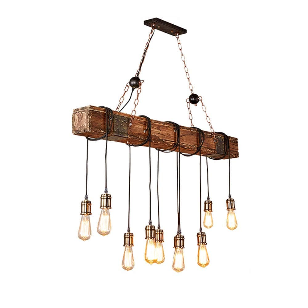 Rustic Color Wood Hanging Multi Pendant Edison Ceiling Beam Light with 10 Lights E26 Bulb Sockets 400W Painted Finish Farmhouse Wooden Retro Industrial Style Home Lighting