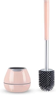 BOOMJOY Toilet Brush and Holder Set, Silicone Bristles Bathroom Cleaning Bowl Brush Kit with Tweezers - Pink