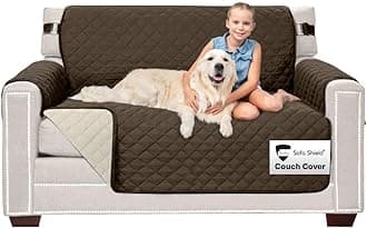 Sofa Shield Loveseat Slip Cover with Patented Strap, Cushion Protector, US Designed Reversible Stain and Dog Tear Resistant Slipcover, 54 inch Seat, Washable Covers for Dogs Pets, Chocolate Beige