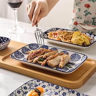 Selamica Ceramic 8 inch Rectangular Salad Plates, Dinner Plates, Pasta Dessert Plates for Appetizer, Sushi, Fruit - Microwave/oven/Dishwasher Safe, Set of 6, Vintage Blue