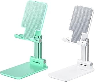 2 Pcs MT-6 Cell Phone Holder, Adjustable Angle and Height, Anti-Slip Silicone Pad, Foldable and Portable, Compatible with 4-8 Inch Devices(Green+White)