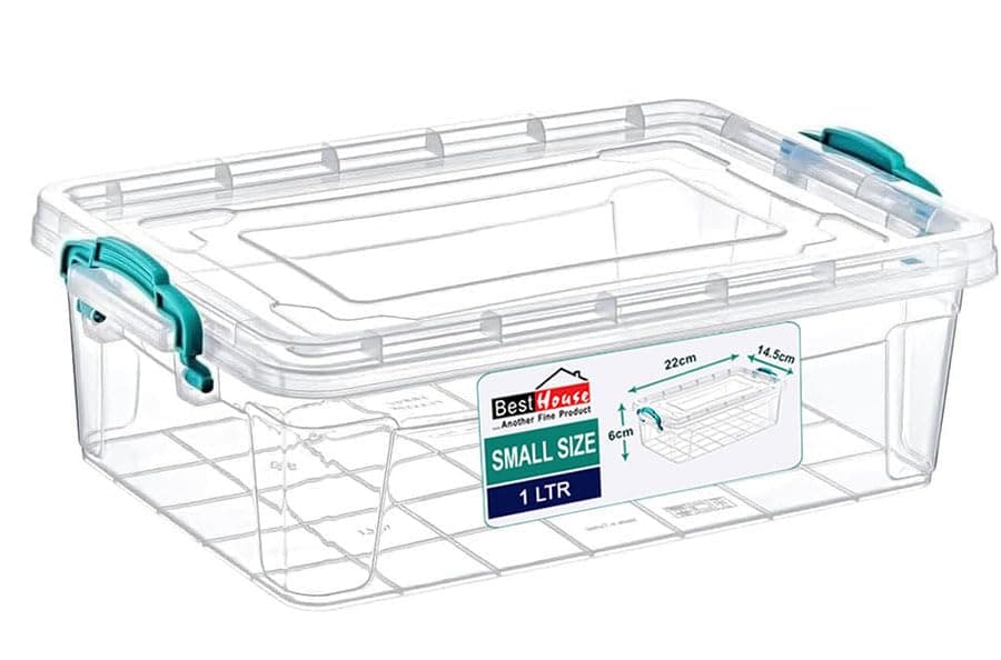 – Best House | Small Plastic Storage Box with Clips & Lids | Size 1L (L:21.6cm W:14.6cm H:6cm) | Set of 1 | Flat Shape |Stackable Clear Multipurpose Home Office Kitchen Tools Crafts Bits N Pcs-1 Litres