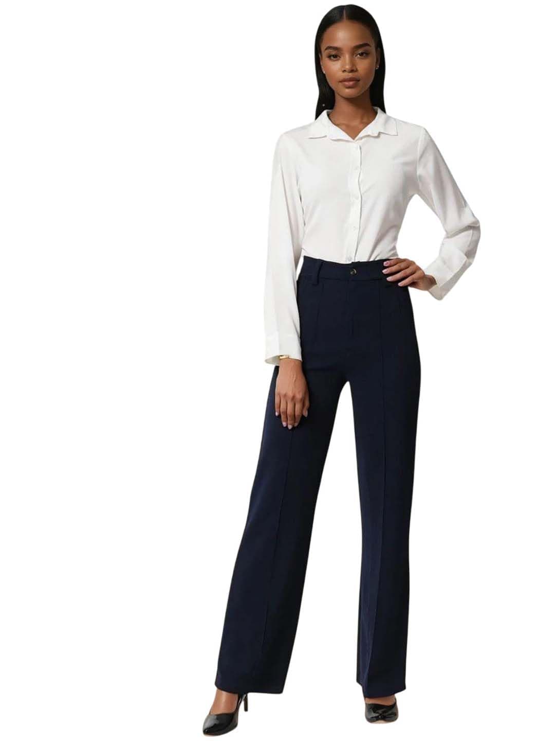 Women Polyester Blend Solid Trousers