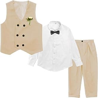 LOLANTA Boys' 4-Piece Formal Suit, Wedding Ring Bearer Outfit Vest Pants with Dress Shirt Bow Tie for Graduation 2-13 Years