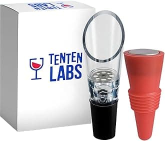 Red Wine Aerator Pourer and Wine Stopper (2-Pack) by TenTen Labs - Premium Wine Decanter Set with Bottle Stopper and Re-Corker - Gift Box Included (Red)