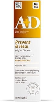 A+D Original Diaper Rash Ointment Prevents & Treats Diaper Rash, Moisturizing Skin Protectant with Vitamins A & D, Healing Skin Ointment for Dry and Cracked Skin 4oz