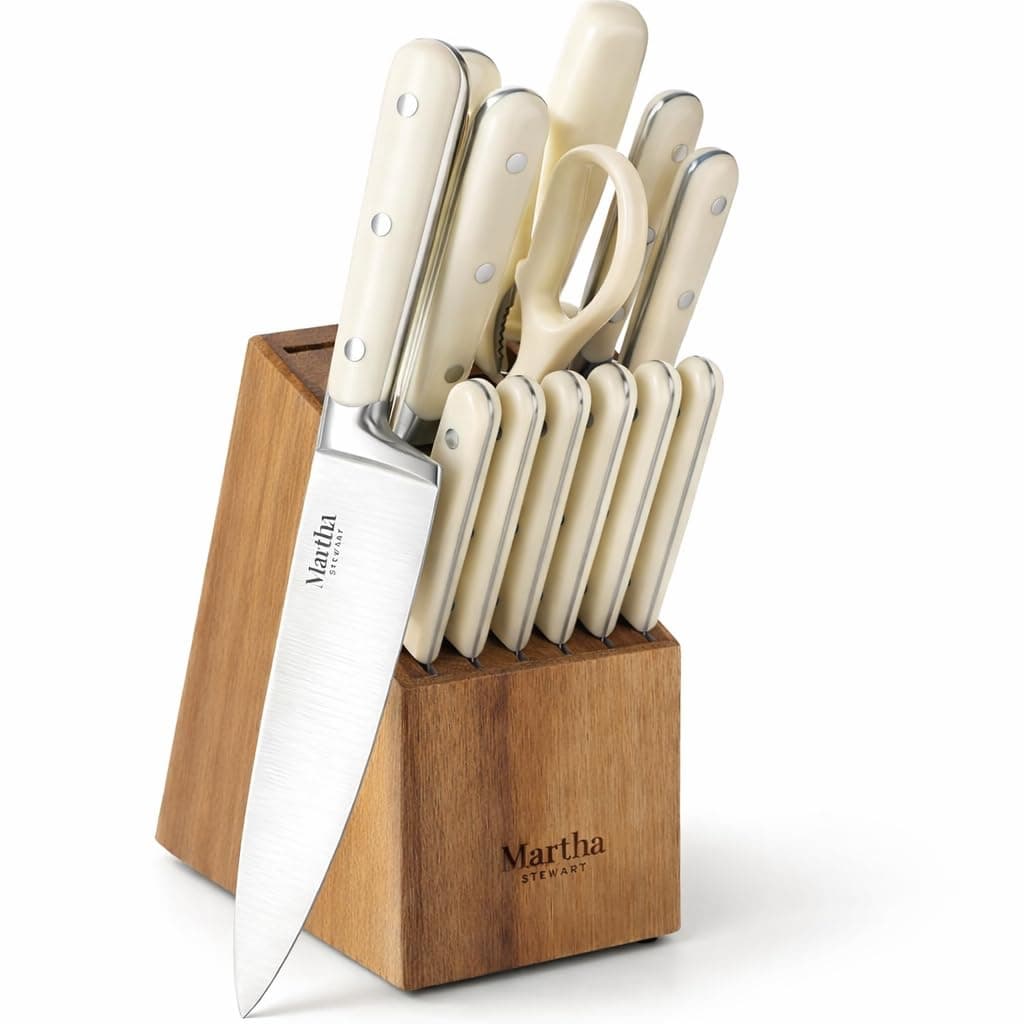 Eastwalk 14 Piece High Carbon Stainless Steel Cutlery Kitchen Knife Block Set w/ABS Triple Riveted Forged Handle Acacia Wood Block - Linen White