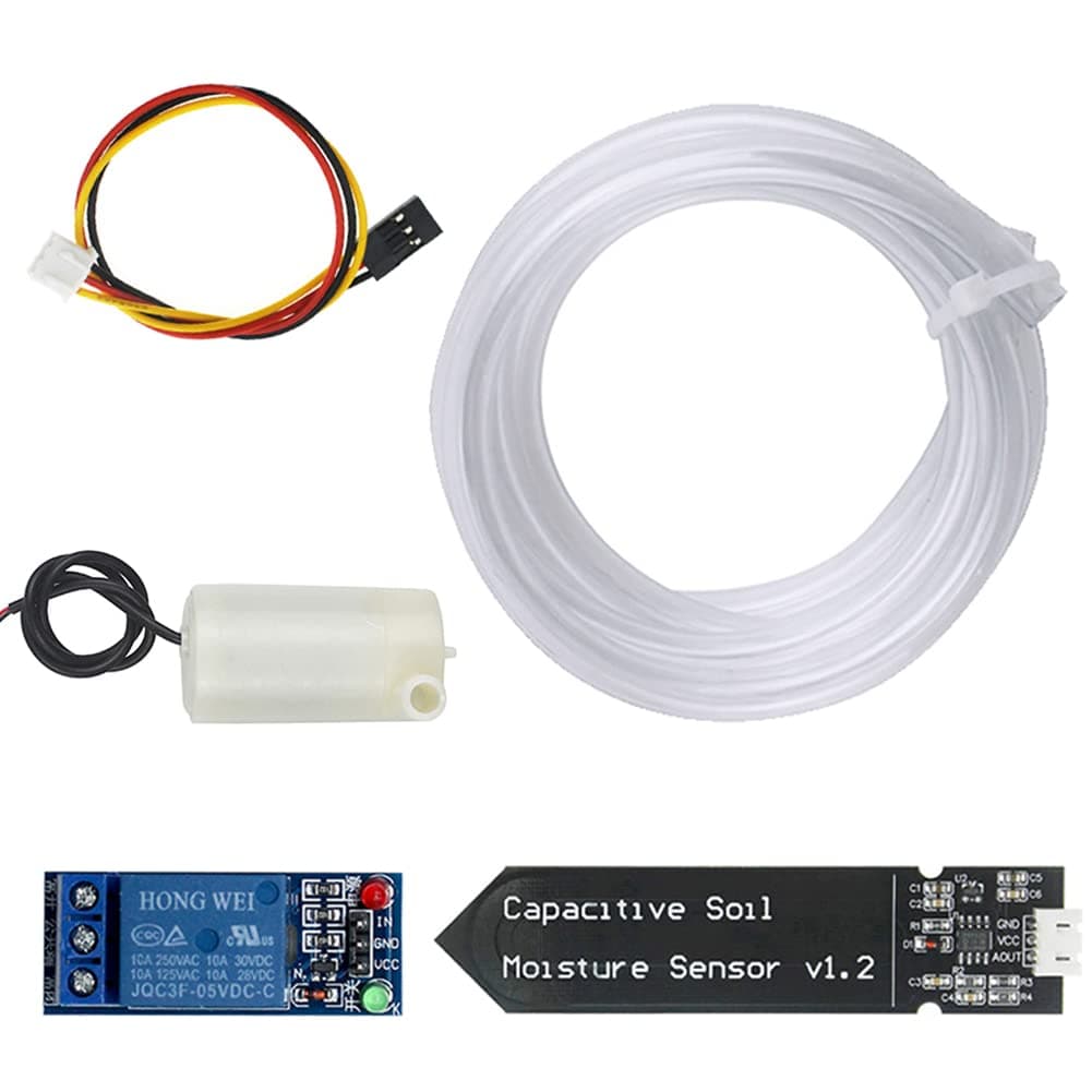 Automatic Irrigation DIY Kit Self Watering System with Capacitive Soil Moisture Sensor 1 Channel 5V Relay Module and Water Pump + 1M Vinyl Tubing for Garden Plant Flower Herb Potted