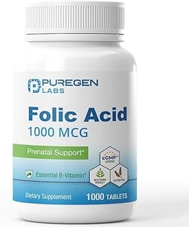 - Puregen Labs Folic Acid 1000 mcg Tablets | Vitamin B9 | Non-GMO | Gluten Free | Value Size 1000 Tablets