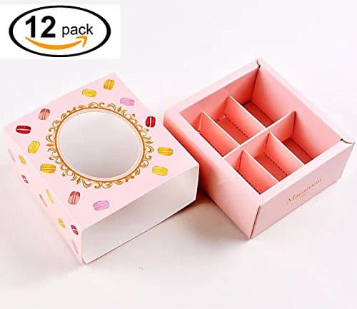 Macaron Box, Chocolate Container, Cookie Holder With Window, Hold 6 Macarons || KooCoo Mummy 12 Packs Gift Boxes (Pink)