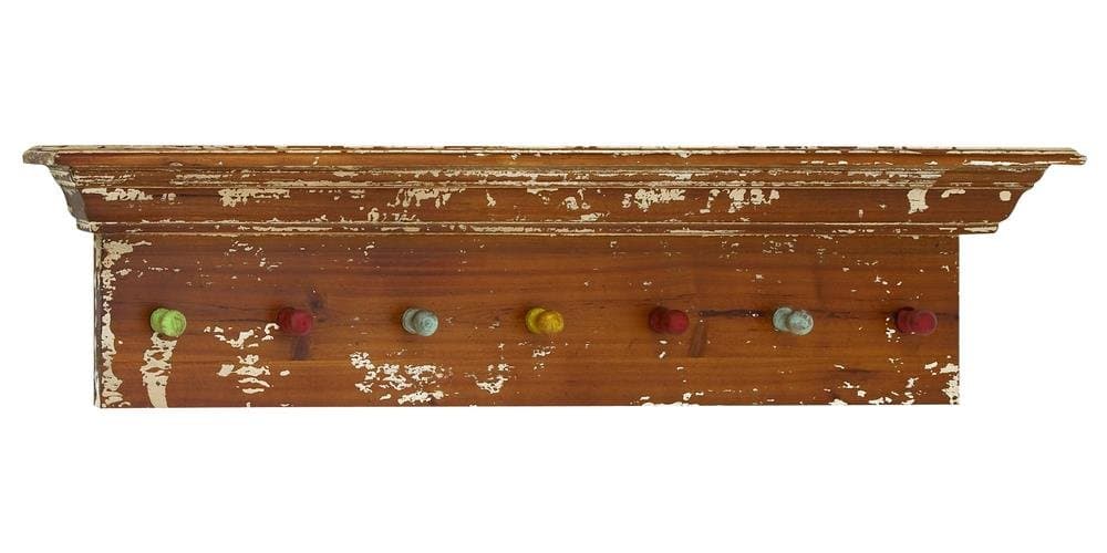 Classy Wooden Shelf Wall Panel with Colorful Hooks