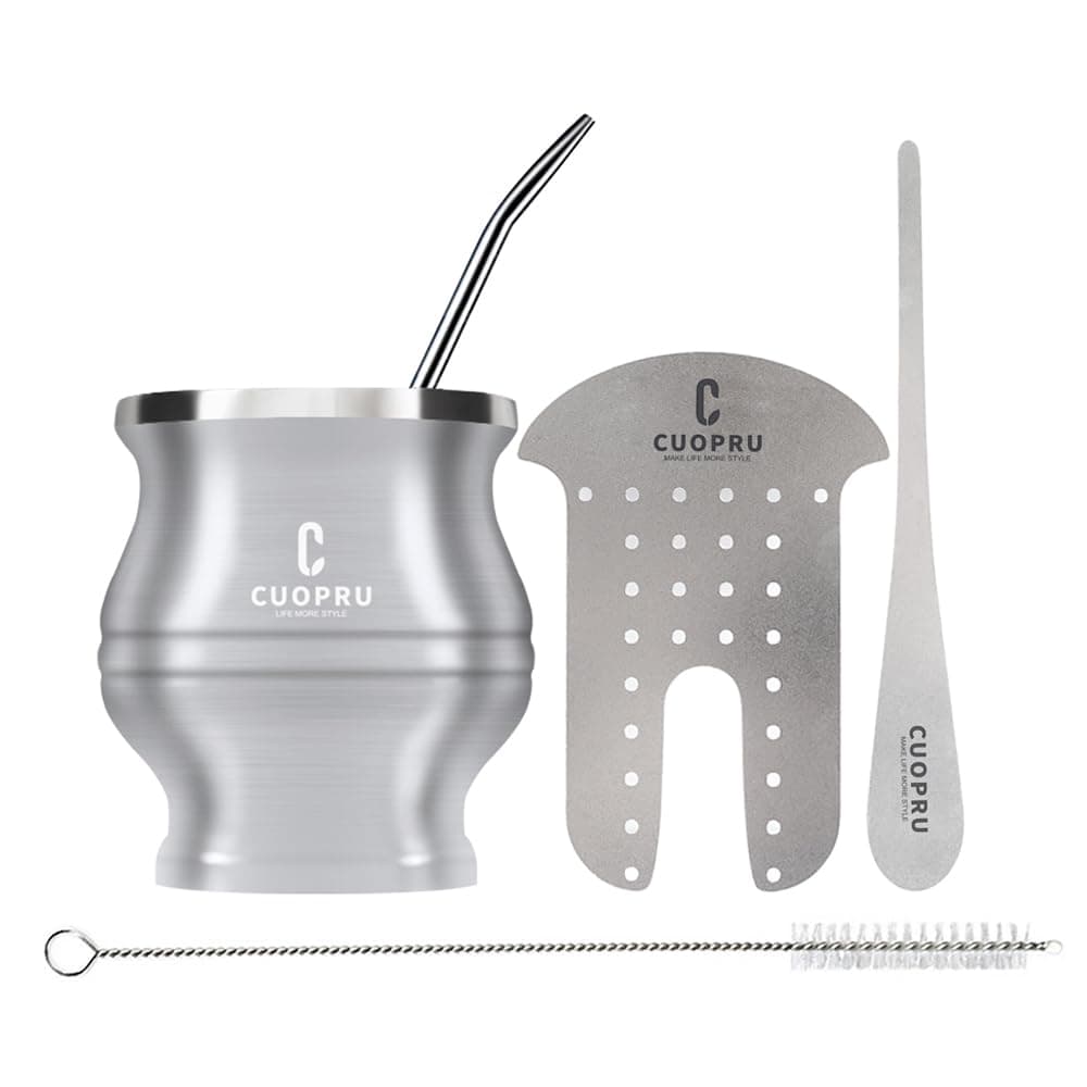 Yerba Mate Cup - Mate Gourd Set Includes Double Walled Stainless Steel Tea Cup, Tea Shaper set, Bombilla Straws, Cleaning Brush (Silver)