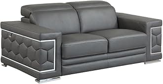 Blackjack Furniture Usry Top Grain Italian Leather Loveseat with Multi-Position Adjustable Headrests, Elegant Contemporary Design with Chrome Trim and Durable Wood Frame, Dark Gray