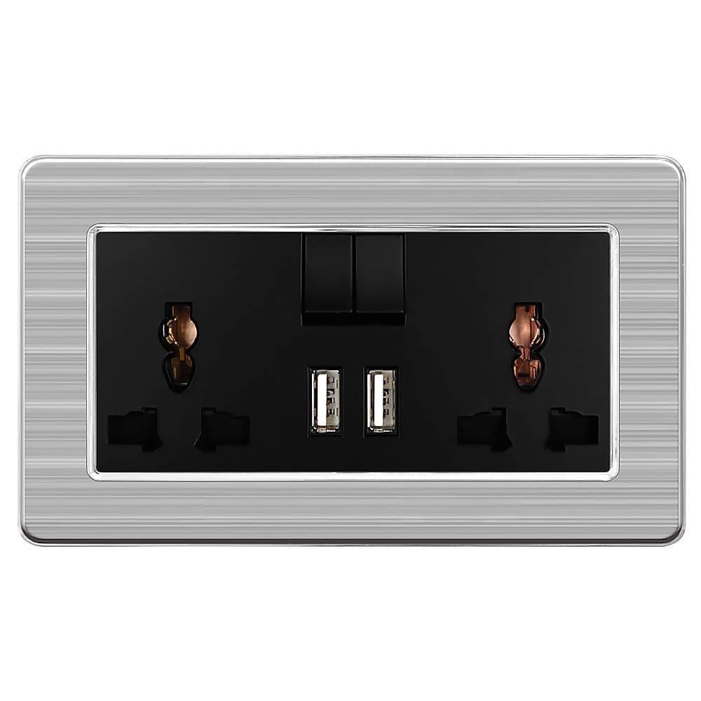 Black Double / Single Socket with USB Charger Port Switched Wall Plug Electric Socket Stainless Steel Panel (double switched with 2 USB)