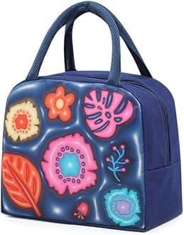 Lunch Bag for Kids School,Insulated Lunch Box Bag For Girls Boys,Multiple Color and Pattern Options,Water-Resistant,Reusable,Lightweight & Durable Lunch Tote (Navy Blue-Flower)