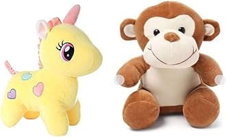 Babique Unicorn Teddy Bear Plush Soft Toy Cute Kids Birthday Animal Baby Boys/Girls (25 cm, Yellow) + Monkey Sitting Plush Soft Toy Cute Kids Animal Home Decor Boys/Girls (28 cm) - (Set of 2 Toys)
