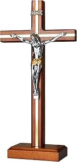 KUXBET Standing Crucifix Cross with Detachable Stand 10.6 Inch Catholic Wooden Jesus Christ Wall Hanging Cross for Home Decor - Antique Gold (10.6" L x 5.2" W)