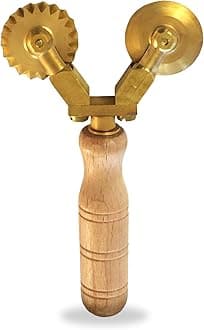 La Gondola Iaria Pasta Cutter, Brass Double Wheel (Jagged & Straight) Corrugated Straight Decorative Cutting Pizza Cutter Commercial Home Brass & Natural Wood Pasta Dough Pizza Cutter Roller Cutter