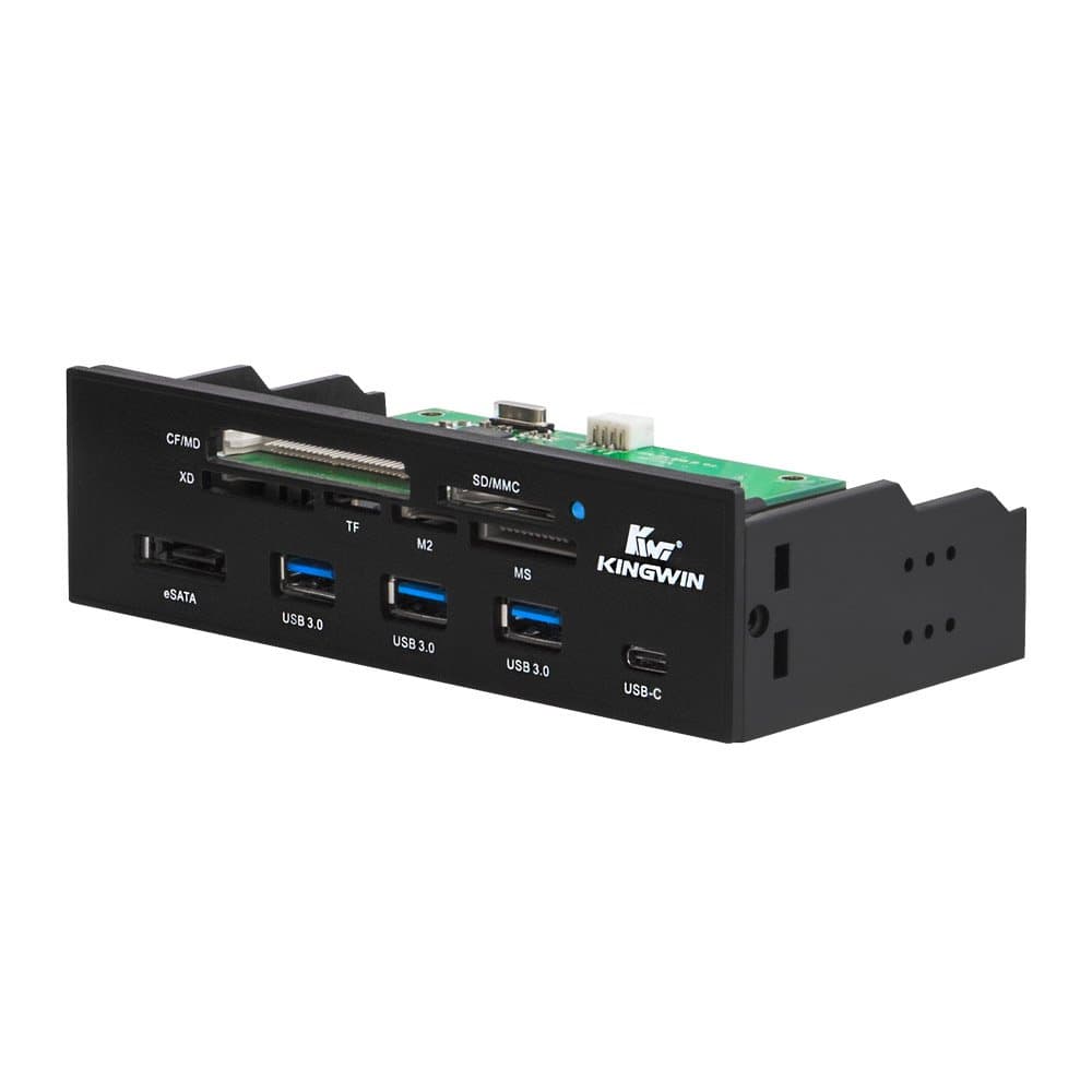 Powered USB Hub 3.0 w/ 1 USB-C Port, SD Card Reader & Micro SD Card Reader - Sata Power Port w/Lightning Speed Data Transfer Up to 5Gbps - 5.25" Computer Case Front Bay, black (KW525-3U3CR)