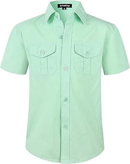 Spring&Gege Boys' Short Sleeve Button Down Shirts for Kids Woven Solid with Two Pockets