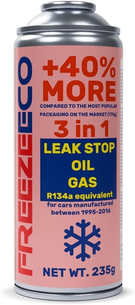 R12/R134a 3-in-1 LeakStop + Oil + Gas Aircon Top Up, Up To 40% More Gas (400ml/235g) with Self-Blocking Valve Type A (11.5cm diameter) - AC Refill