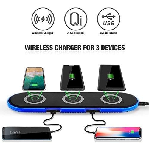 QI Multiple Fast Wireless Charger/Charging Pad Stand Devices with 3 Wireless Charging Ports and 4 USB Multi ports for10W/7.5W/5W All USB interface with line Wired charging Station(black)