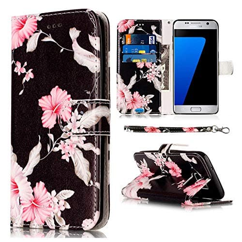 JanCalm Compatible with Galaxy S7 Case, Floral Pattern PU Leather Wallet Wrist Strap [Card/Cash Slots] Stand Flip Cases Cover for Samsung Galaxy S7 Case (Black/Flower)