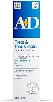 A+D Zinc Oxide Diaper Rash Treatment Cream, Dimenthicone 1%, Zinc Oxide 10%, Easy Spreading Baby Skin Care, 4 Ounce Tube