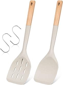 Badiano Pack of 2 Silicone Spatula, Non Stick Cooking Utensil Set Wooden Handle Kitchen Turner for Baking Mixing Grilling Serving Food Heat Resistant Non Scratch Hooks Included (Khaki)