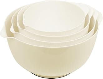BoxedHome 4 Quart Large Plastic Mixing Bowls, Microwave Safe Mixing Bowl Set with Pour Spout, Nesting Bowls for Space Saving Storage(Beige)