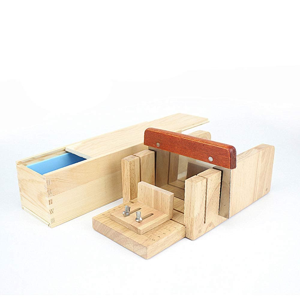 MKNZONE Practical Adjustable Handmade Wood Soap Cutter Box Wire Cutter Slicer With Soap Beveler Planer Set + 1Pcs Rose Silicone Soap Loaf Mold with Wood Box + 1PC Straight Soap Cutter Soap Making Tool
