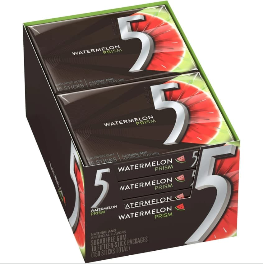 Wrigley's 5 Watermelon React Prism Sugar Free Gum ,15 Sticks, 10 Count - (GUM - BIG SIZE/PLENTY PACK)