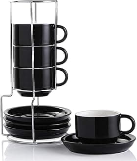 Home Porcelain Cappuccino Cups with Saucers and Metal Stand,Stackable Espresso Cups for Specialty Coffee Drinks, Latte, Americano, Tea - Set of 4 (Black, 120ml)