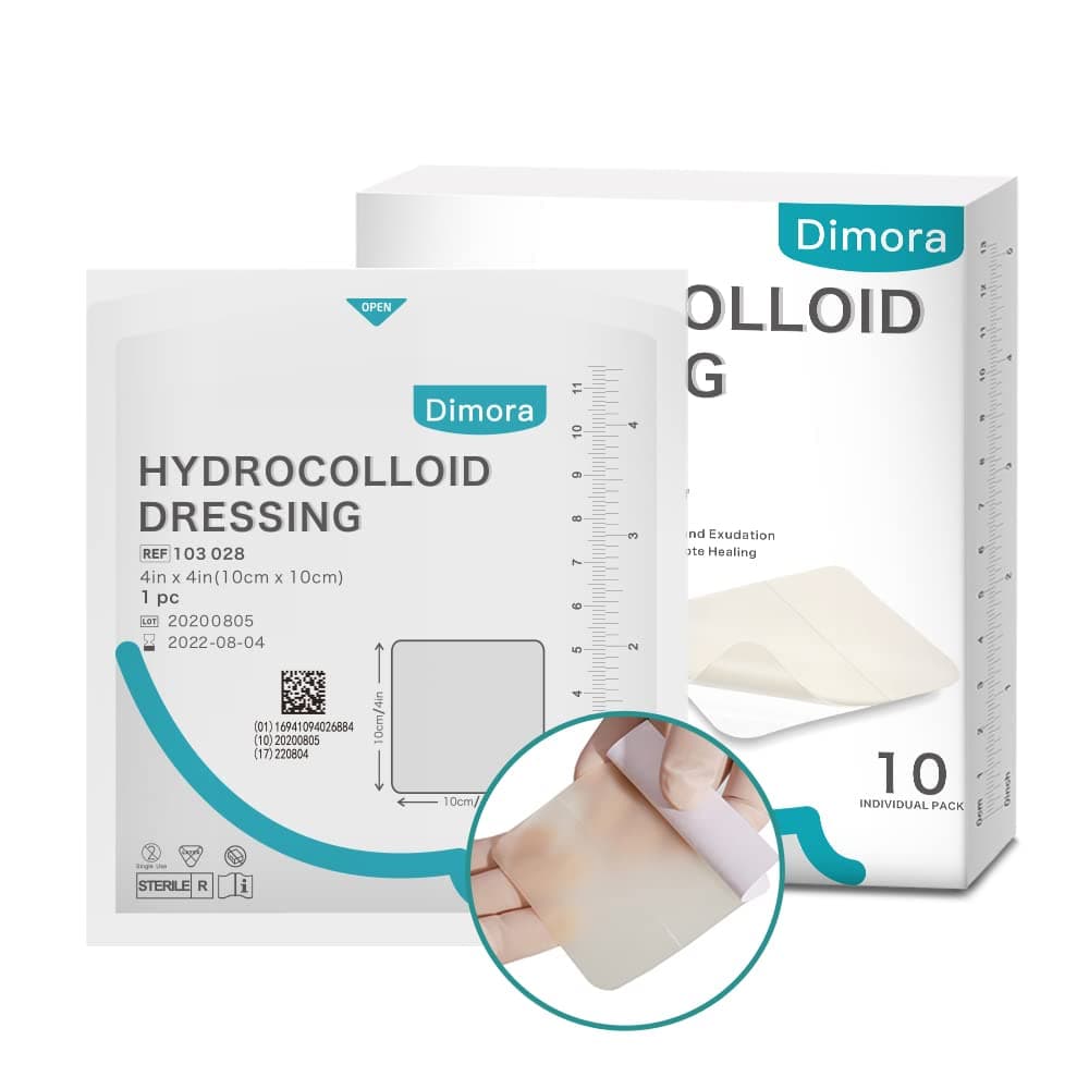 Dimora Hydrocolloid Adhesive Bandage, Hydrocolloid Wound Dressing Thin Type 4'' x 4'', Individually Sterile Packed Hydrocolloid Patches, Box of 10 Dressings