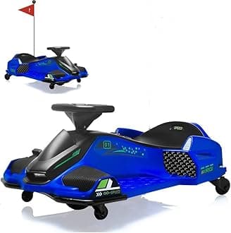 Drift Kart,24V Electric Go Kart for Kids 8+,7Ah Battery 180W Brushless Motor, with High/Low Speed Switch,Music,Front+Tail LED Light,Low-Power Alarm,5.5" Front Tire, for Riders up (Blue 12v)