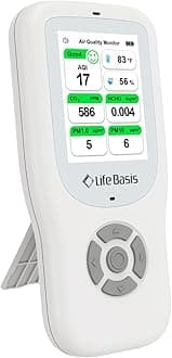 Life Basis Air Quality Monitor Indoor, 10-in-1 Air Quality Detector with Stand, Real-Time Air Meter Test AQI, PM1.0, PM2.5, PM10, CO2, TVOC, HCHO, Particles, Temperature and Humidity with Alert -White
