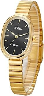 Elegant Oval Gold Watches for Women Easy Reader Watch Fashion Women Stainless Steel Exquisite Wristwatch (Black)