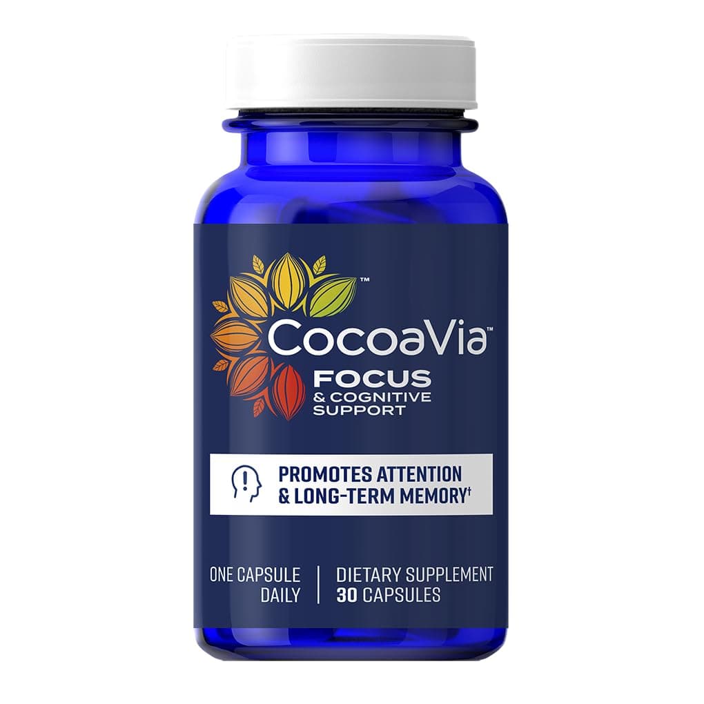 - CocoaVia Memory & Focus Brain Supplement, 30 Day, Cocoa Flavanol Blend, Lutein, Added Caffeine for Boost. Improve Cognitive Function, Attention, Vegan & Plant Based, 30 Capsules