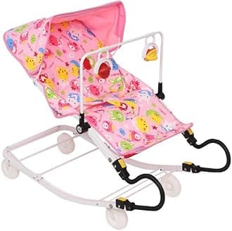 INFANTO Multipurpose Bouncer - 3-in-1 Baby Bouncer, Rocker & Indoor Cart | Superior Locking, Extra Comfort, Sunshade, Attractive Play Toy | Suitable from Birth up to 18 Months-RB32 (Pink)