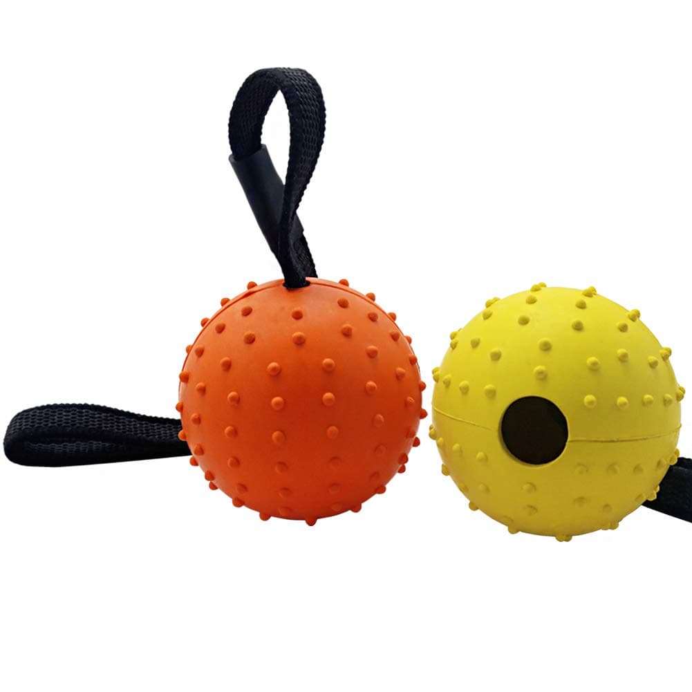 Vivifying Dog Ball on a Rope, 2 Pack Natural Interactive Rubber Dog Ball for Fetch, Catch, Throw and Tug of War (Orange + Yellow)