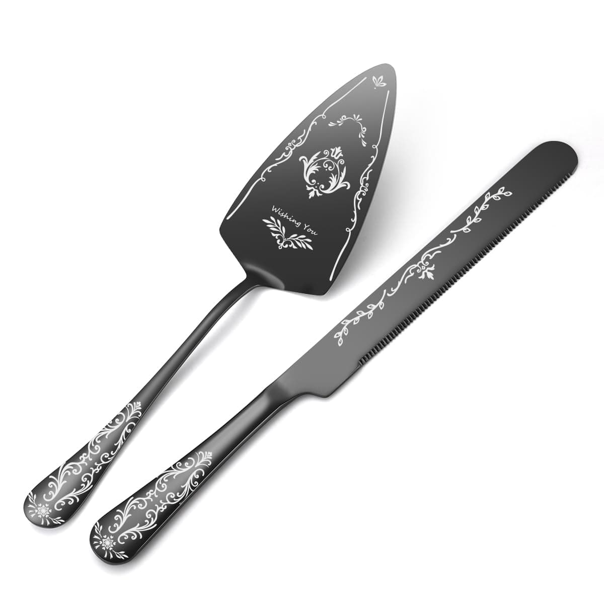 AARAINBOW Cake Cutting Set for Wedding, 2 Pcs Cake Pie Pastry Servers, Stainless steel Cake Knife and Server Set Perfect For Birthday, Wedding, Parties and Events Cake Serving Set (E Black)