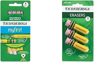 My First Short Triangular Wood-Cased Pencils, 2 HB Soft, With Erasers, Yellow, 4 Count Pencil Bundle With Erasers, Pencil Shaped, Latex-Free, Yellow, 3-Pack