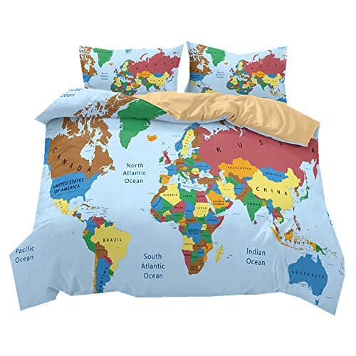Stillshine Bedding set 3D Colorful world map Single Double King Duvet Cover and Pillowcase 100% Polyester (Modern world map, double)