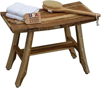 24 Inch Satori Natural Teak Waterproof Teak Wood Shower Bench Stool Seat Chair for Inside Shower Provides Safety, Storage, and Organization for Bathroom Accessories