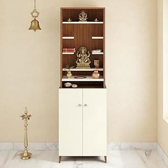 FURNEASER Shrisha Wooden Pooja Mandir for Home with Spacious Storage | Engineered Wood Floor-Standing Temple with Decorative Shelves | Exotic Teak & White Finish, 161x50x28 cm Prayer Unit